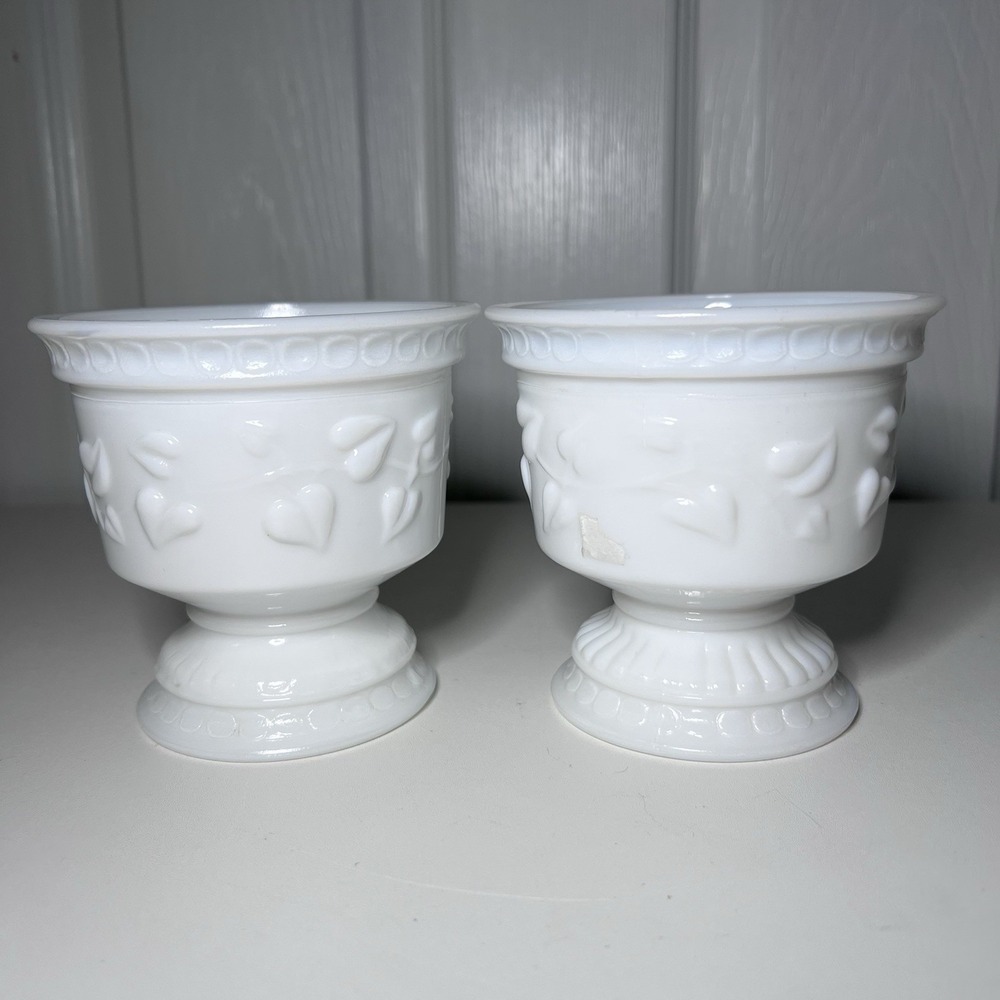 2-Vtg 1970s White Milk Glass Vase/Planter Ivy Vine Ribbed Pedestal